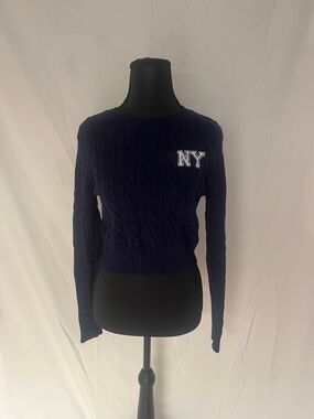 Arden B Navy Cable-Knit Crewneck Sweater with NY Patch